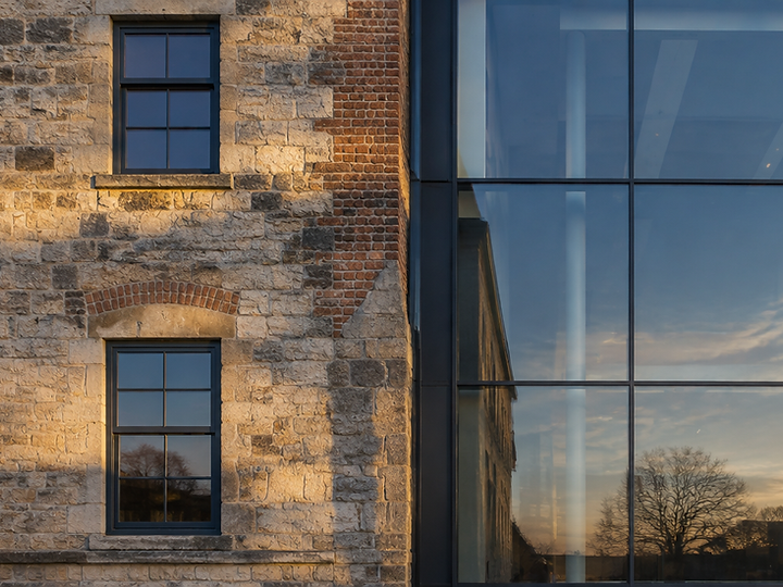 Older brick and stone facade meeting clean modern glass panels