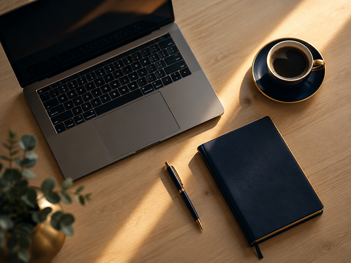 Laptop, notebook and coffee on a desk in warm morning light