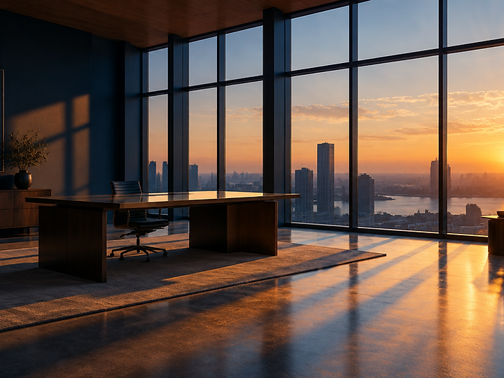 Quiet modern office interior with steel-framed windows in morning light