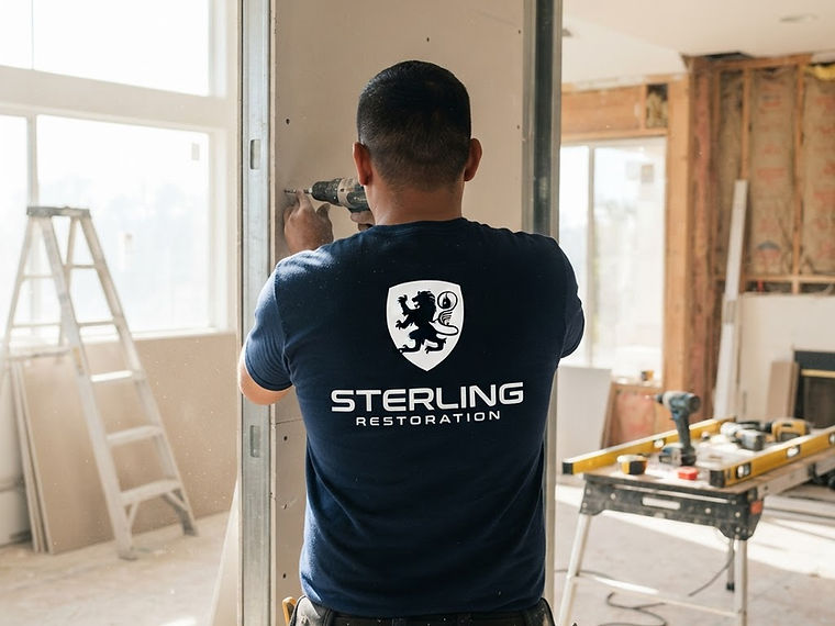 Worker in a Sterling Restoration shirt hanging new drywall