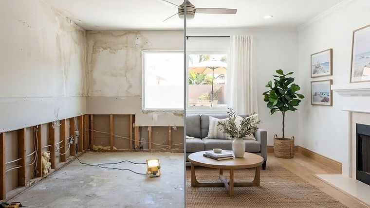 A room opened up during mitigation, shown before and after reconstruction