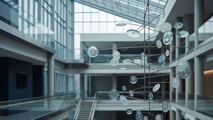 A balanced glass and metal mobile in a light-filled atrium, illustrating connected systems