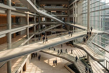 Interconnected bridges and walkways in a modern institutional atrium
