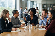 Senior professionals listening to an executive during a thoughtful roundtable discussion