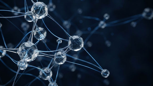 Glass nodes connected by blue light, illustrating an interconnected technology network
