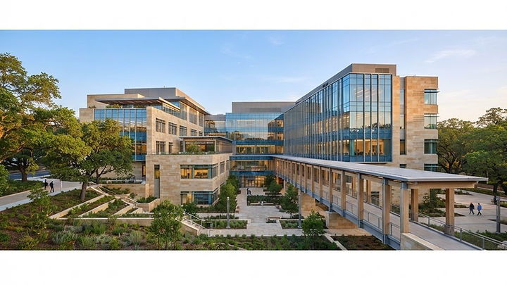 A contemporary healthcare campus with welcoming walkways and landscaped grounds