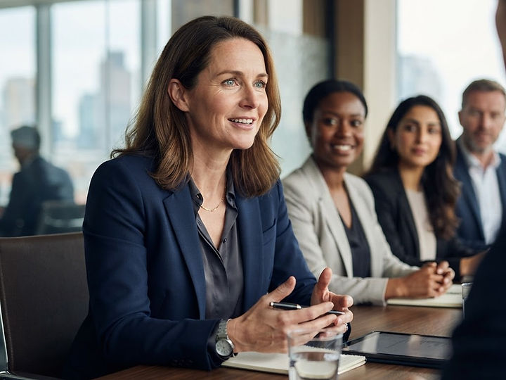 A leader speaking warmly with colleagues at a boardroom table