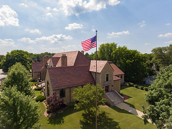 American flag in front of the Loveland Community Center in Northern Illinois
