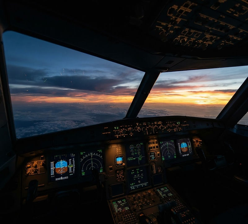 View from a commercial airliner cockpit toward the horizon at sunrise