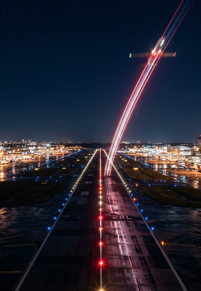 Airport runway at night with the light trails of a departing aircraft