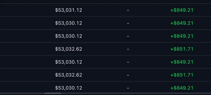 Table of trade results of about $849 each
