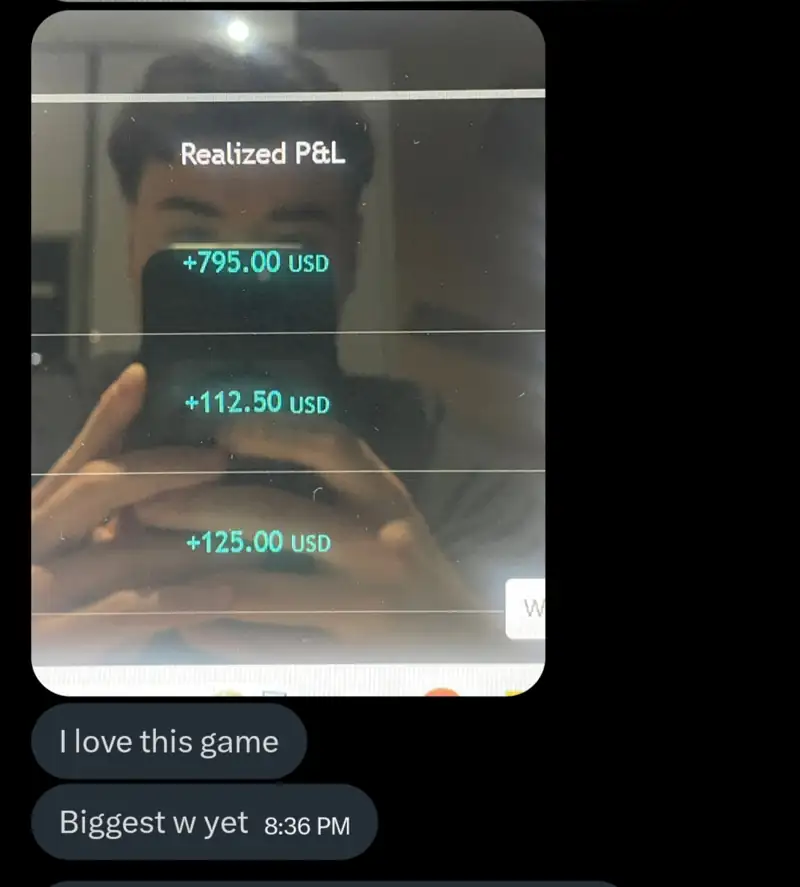 Realized P&L screenshot showing trades of $795, $112.50 and $125