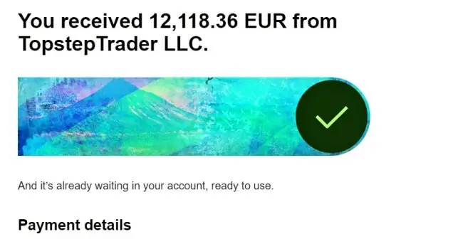 Email confirming a payment of 12,118.36 EUR from TopstepTrader