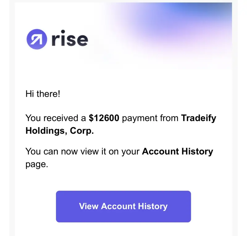 Rise email confirming a $12,600 payment from Tradeify Holdings