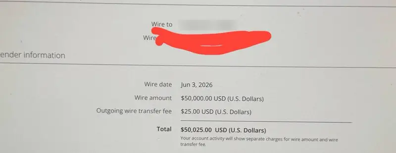 Bank wire confirmation of $50,000 sent to a live Tradovate account