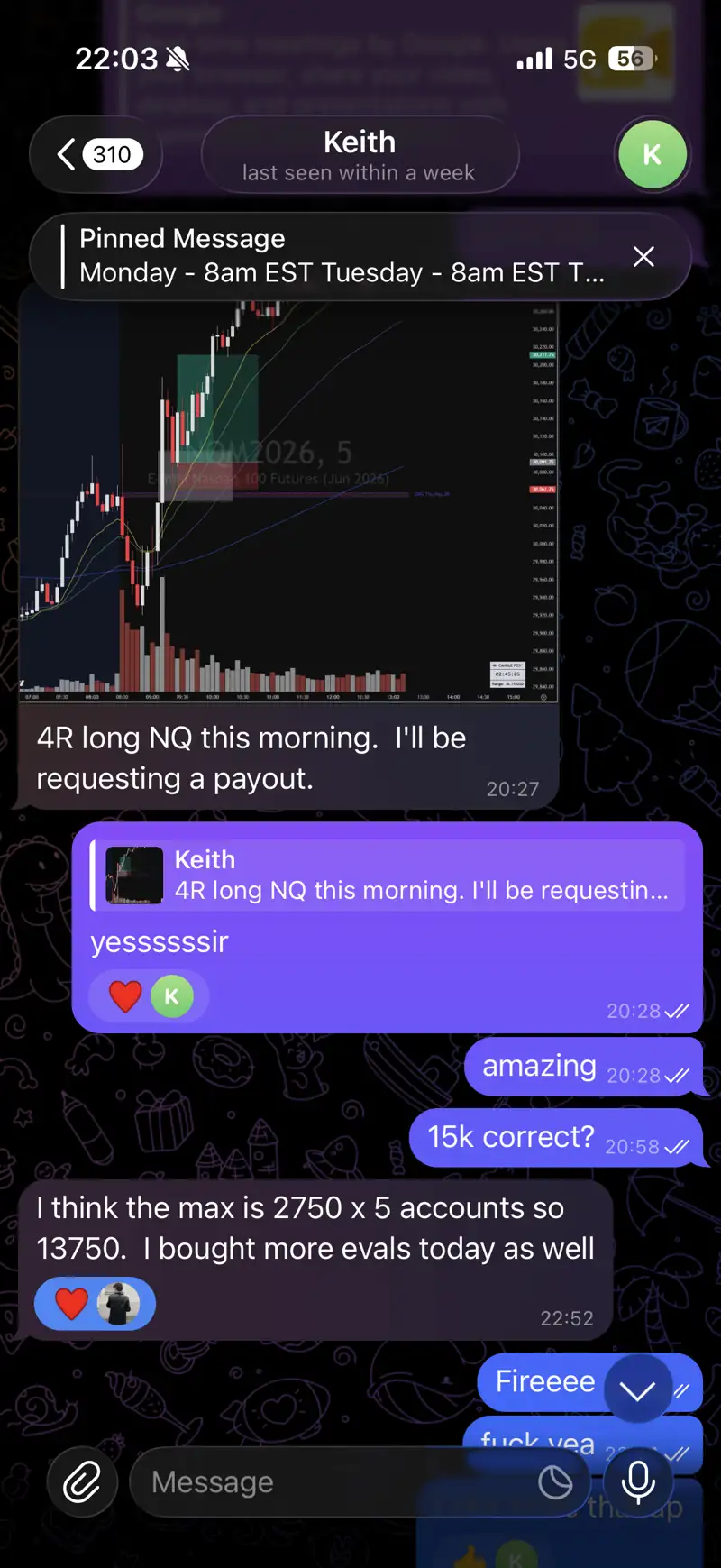 Chat screenshot of a student sharing a 4R long trade on NQ and requesting a payout