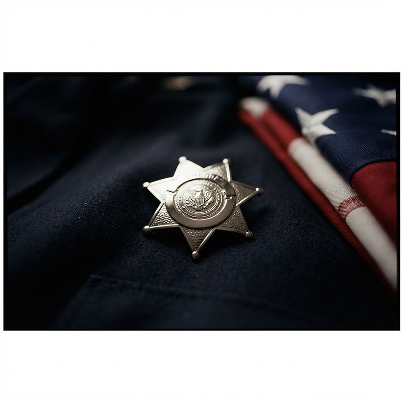 Polished sheriff's star badge resting on dark navy uniform fabric