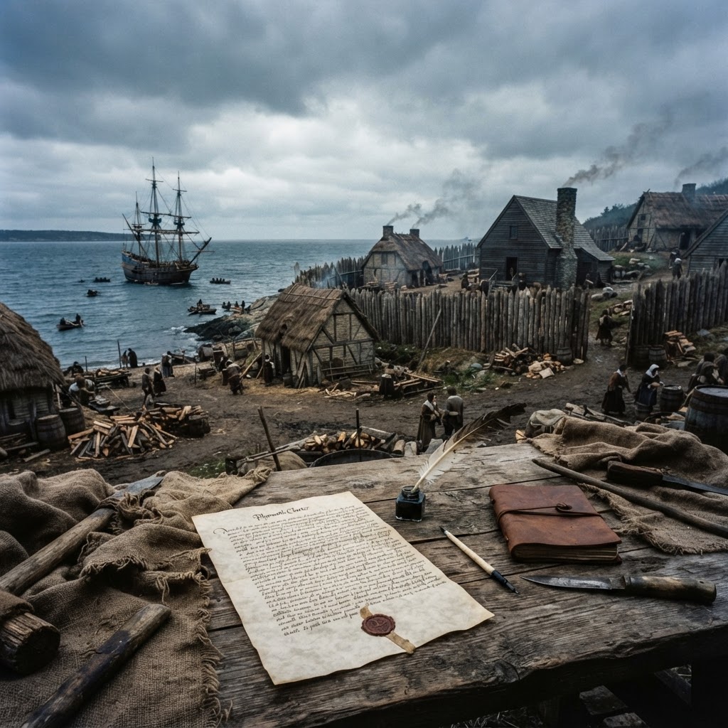 The Plymouth colony meeting house and harbor in the 1620s with a governing charter on the table