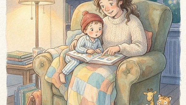 A parent and child sharing a storybook together