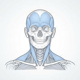 Anatomische Darstellung von Stirn-, Schläfen- und Nackenmuskulatur als Ziele der Migräne-Behandlung