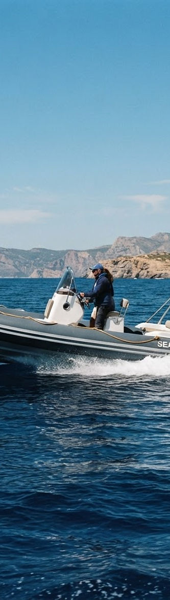 An open sportsboat cutting across open water under a clear sky