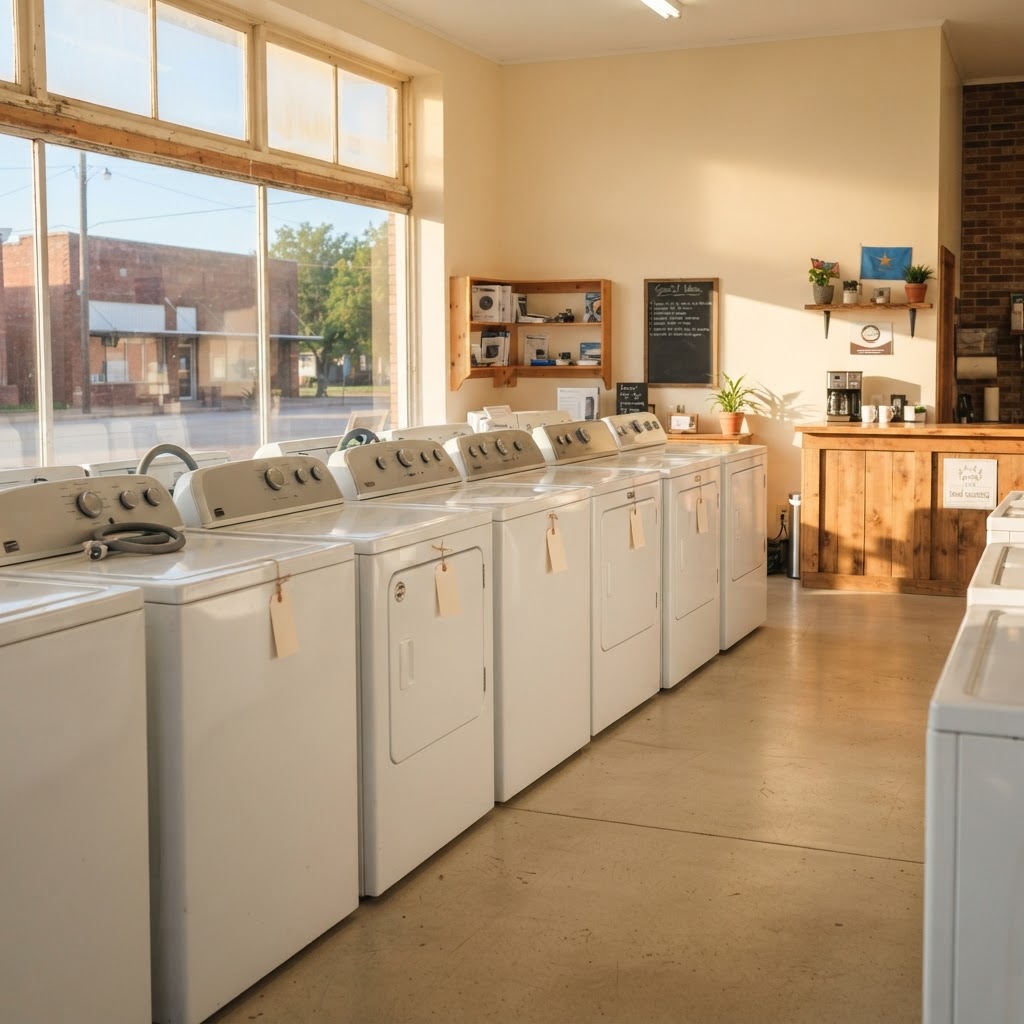 The Owasso Appliance showroom floor with a row of clean appliances