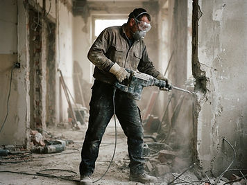 Abbruch & Rückbau: Abbauhammer an einer Betonwand im Gebäudeinneren: Schutt, Ziegel und freiliegende Bewehrung.