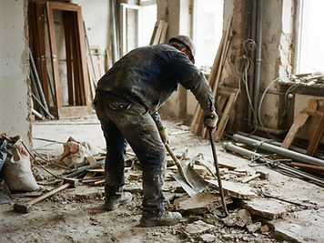 Entkernung: Ausbau von Bodenaufbau und Belag mit Schaufel und Brechstange im entkernten Raum.
