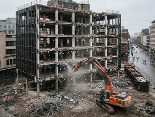Rückbau Gewerbeobjekt: Gewerbebau im Rückbau: Fassade teilweise entfernt, Betonskelett sichtbar, Bagger davor.