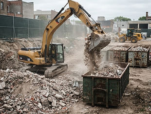 Rückbau mit Containerlogistik: Abbruchbaustelle mit Bauschuttcontainern: Bagger lädt Bauschutt in einen offenen Container.