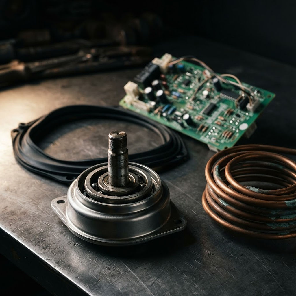 Macro photograph of appliance internals on a workbench: a stainless steel drum bearing, copper tubing, a rubber gasket and a circuit board