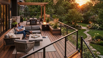 Custom wood deck with railings overlooking a backyard at sunset