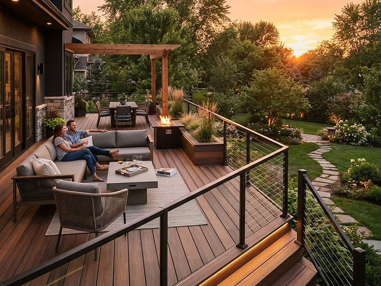 Custom wood deck with railings overlooking a backyard at sunset