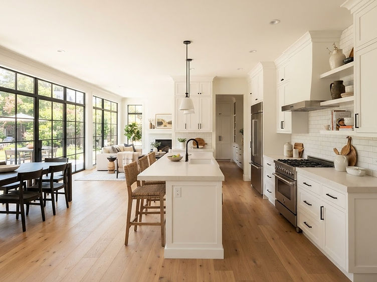 Bright remodeled home interior with new cabinets, flooring and lighting
