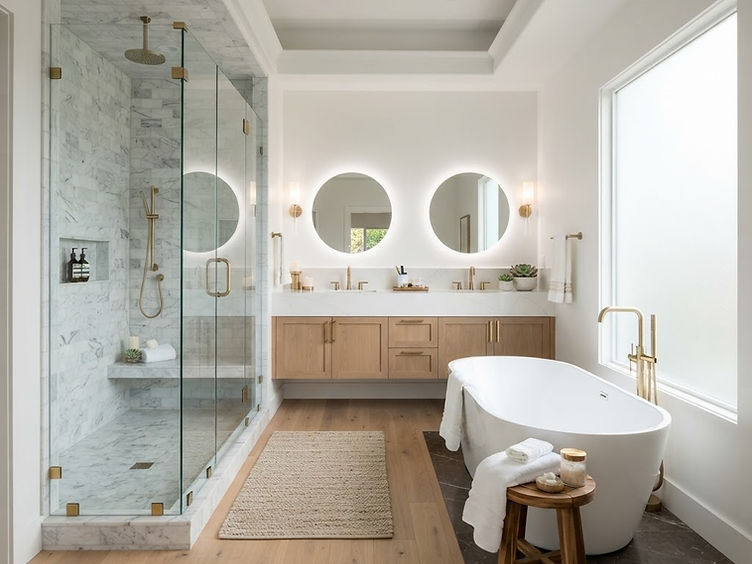 Remodeled bathroom with walk-in tile shower, freestanding tub and double vanity