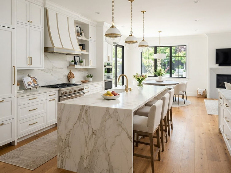 Remodeled kitchen with white shaker cabinets, marble island and pendant lights