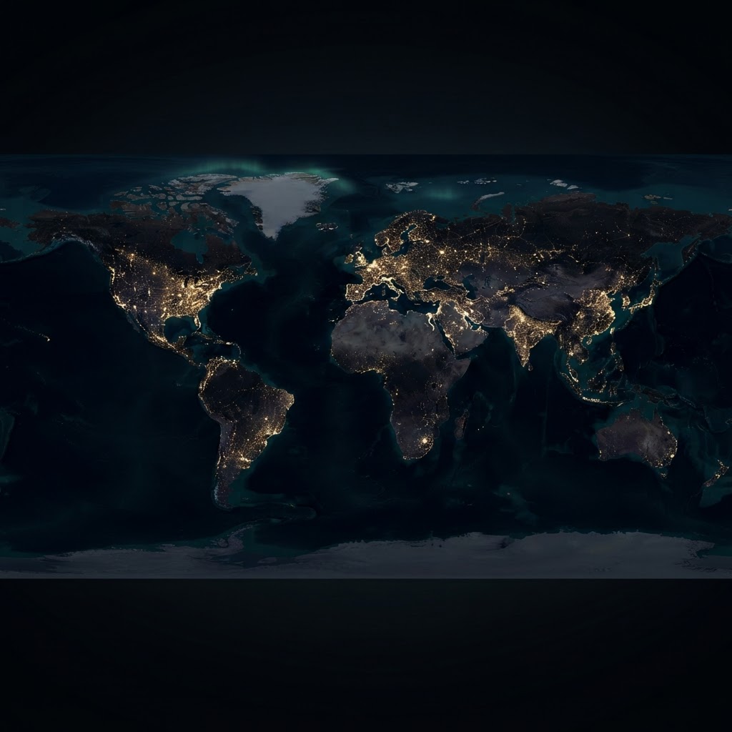 Illustrative satellite-style global coverage map with glowing orange location markers; not exact site locations