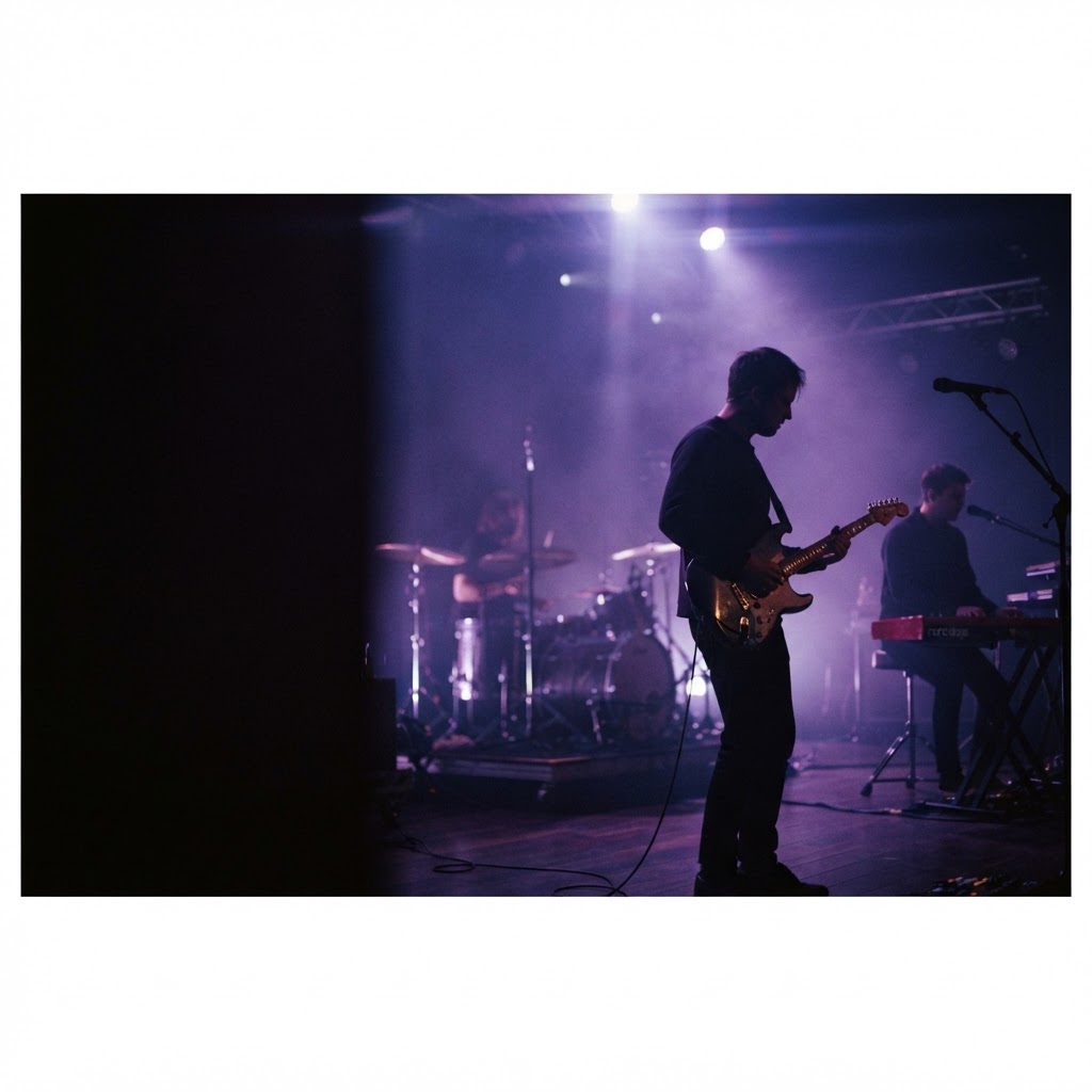 A band performing on a purple-lit stage