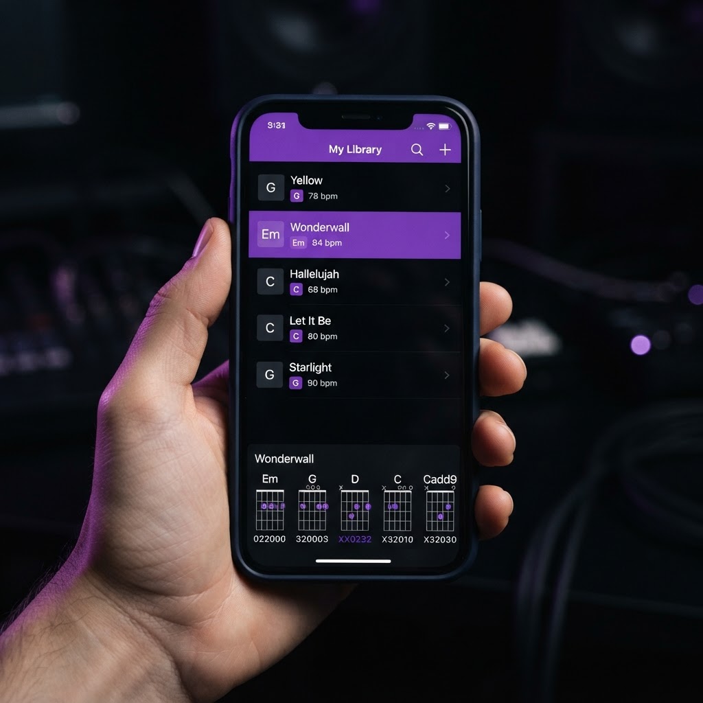 A hand holding a phone showing the ChordsBook song library with chord diagrams