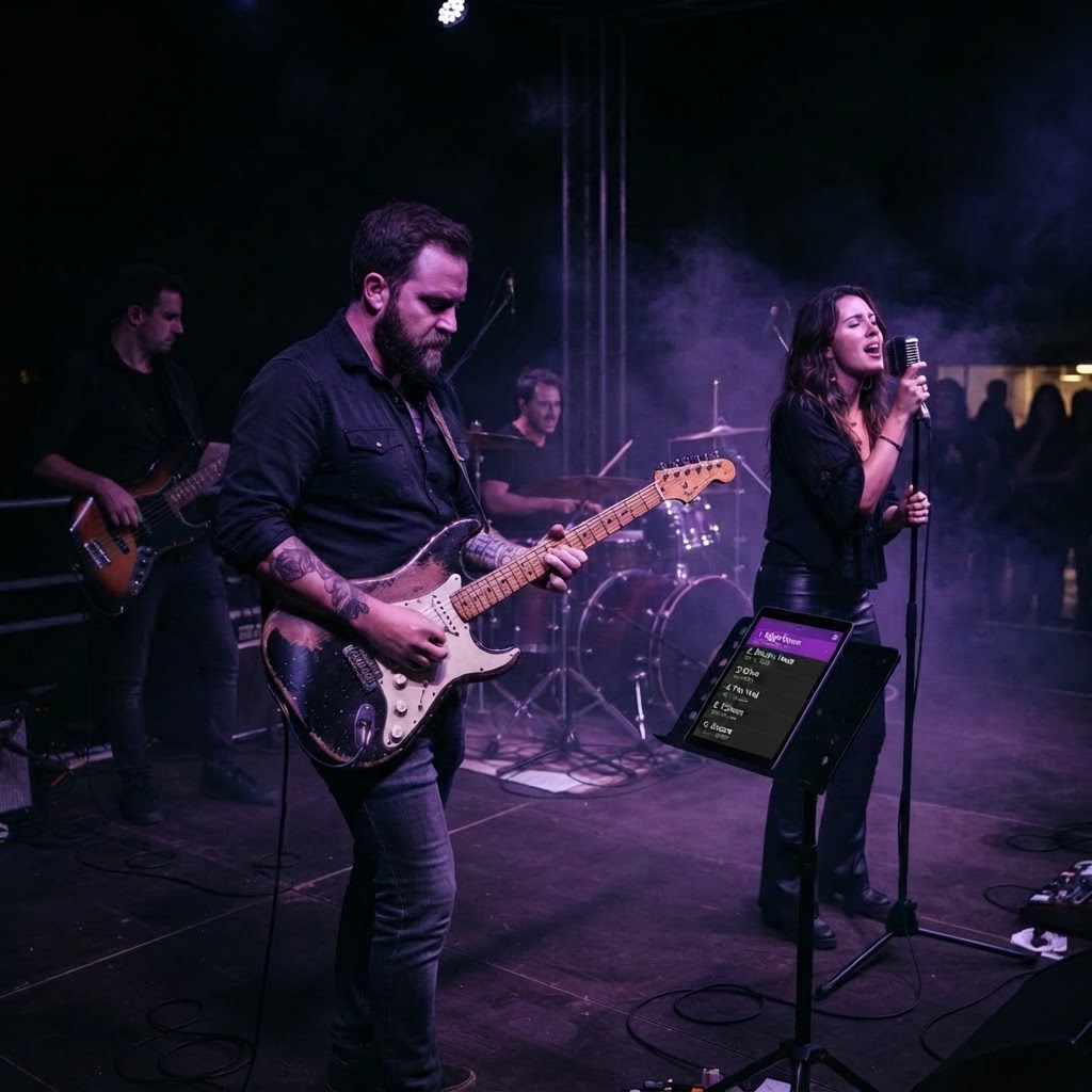 A band performing under purple stage lights, with their setlist on a tablet on a music stand