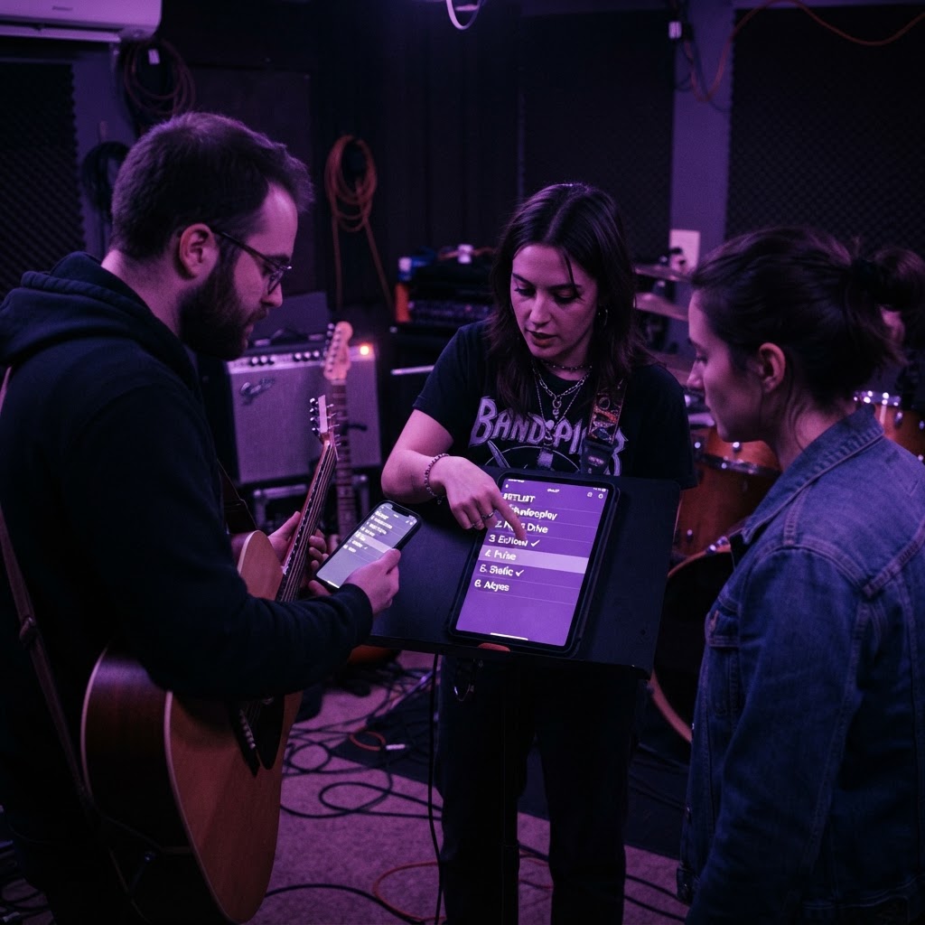 A band rehearsing around a tablet showing their shared setlist