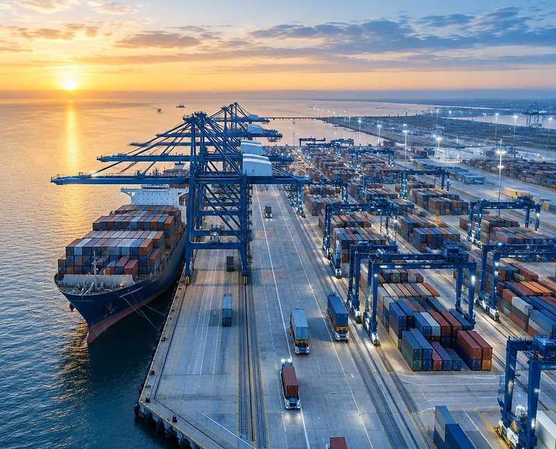 Modern shipping terminal at dawn