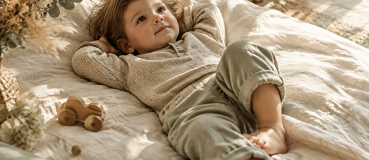 A relaxed toddler resting on a cream linen blanket in soft daylight