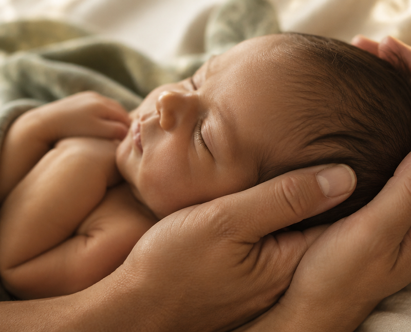A practitioner's hands gently cradling a baby's head in warm window light
