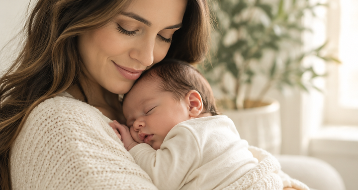 A parent holding a calm newborn baby in soft natural light