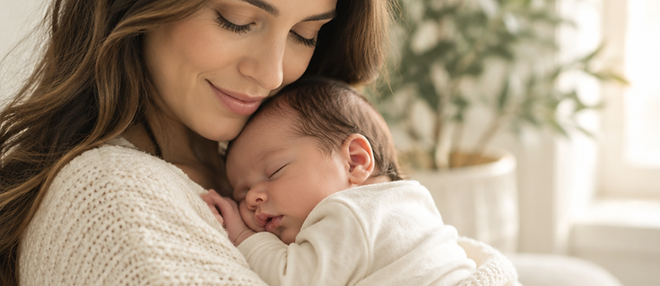 A mother holding her sleeping newborn in warm light