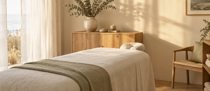 A calm, coastal-inspired treatment room with linen and dried botanicals