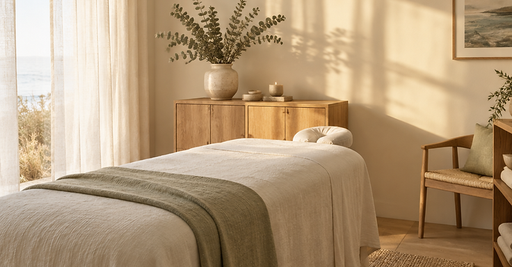 A calm, coastal-inspired treatment room with linen and dried botanicals