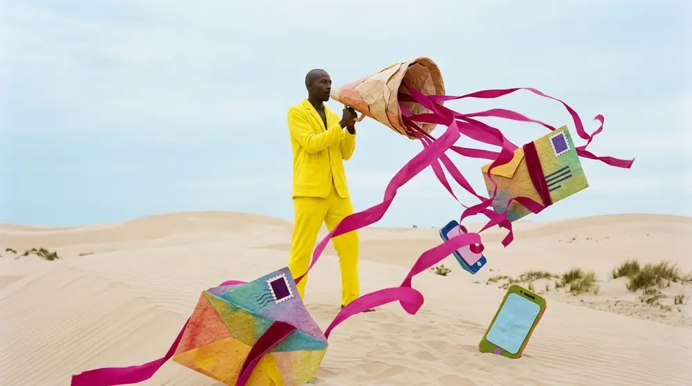 Brand voice: one message across every channel Man in a yellow terry-cloth suit on a sand dune speaking into a giant paper megaphone, magenta ribbons streaming out and wrapping around oversized paper envelopes and felt phones