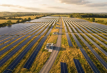 Aerial view of a utility-scale solar farm on agricultural land